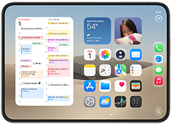 iPhone Duo, opened in landscape orientation, left show calendar widget, right shows iOS home screen